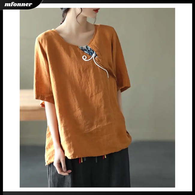 Áo Sơ Mi Vải Lanh Cotton Dáng Rộng Thêu Họa Tiết Kiểu Retro Trung Hoa Cho Nữ