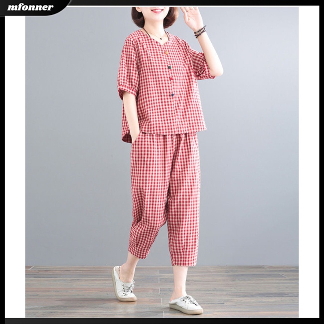 Set Đồ 2 Món Áo Croptop Tay Ngắn Và Quần Dài Họa Tiết Caro Thời Trang Cho Nữ