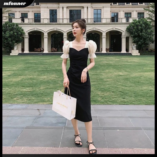 Đầm Đen Tay Phồng Ngắn Cổ Vuông Phong Cách Retro Cho Nữ