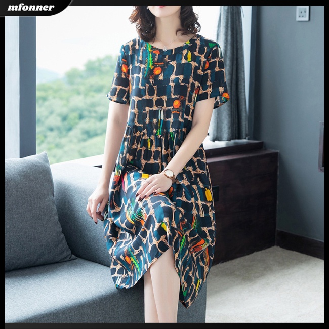 Đầm Tay Ngắn Cổ Tròn Dáng Rộng In Hoa Thời Trang Mùa Hè Xinh Xắn Cho Nữ