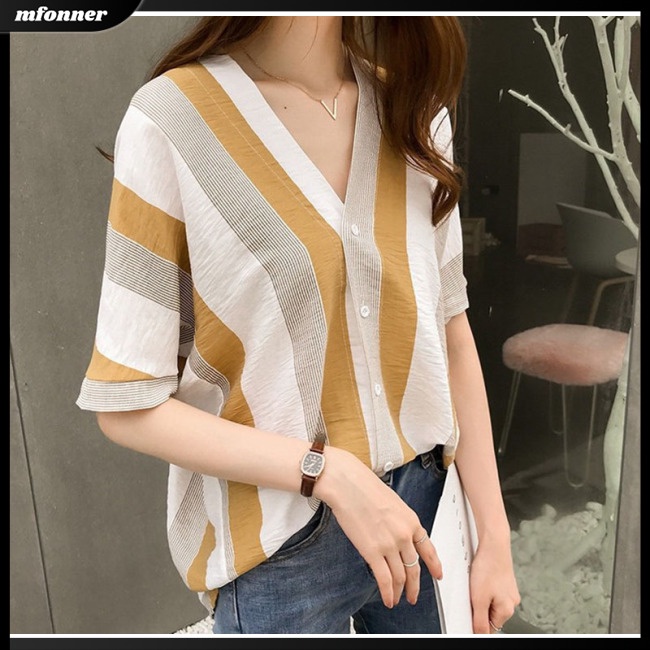 Áo Kiểu Tay Ngắn Cổ Chữ V Họa Tiết Kẻ Sọc Dáng Rộng Thời Trang Cho Nữ