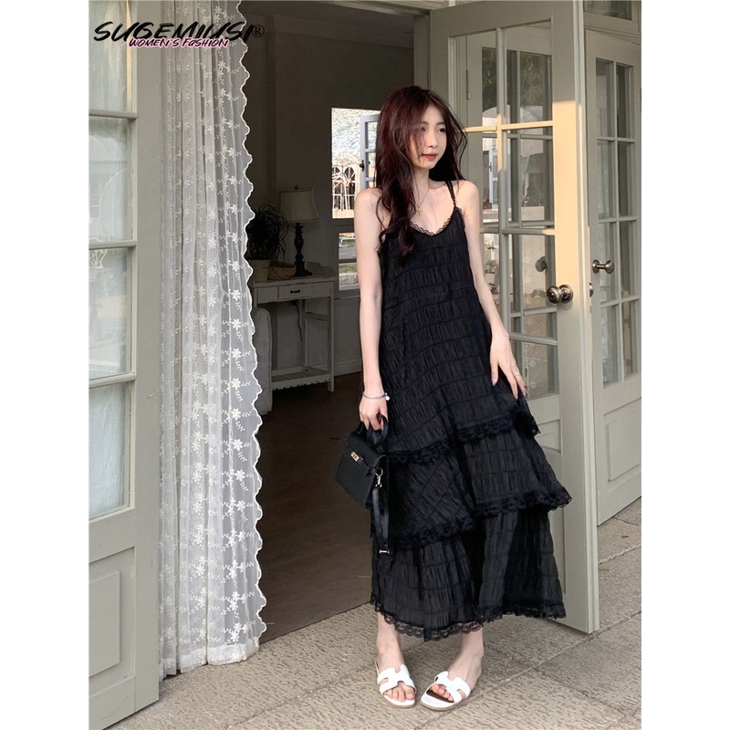 Sugemiusi Đầm Tầng Hai Dây Phối Ren Dáng Ôm Dài Vừa Vặn Cho Nữ