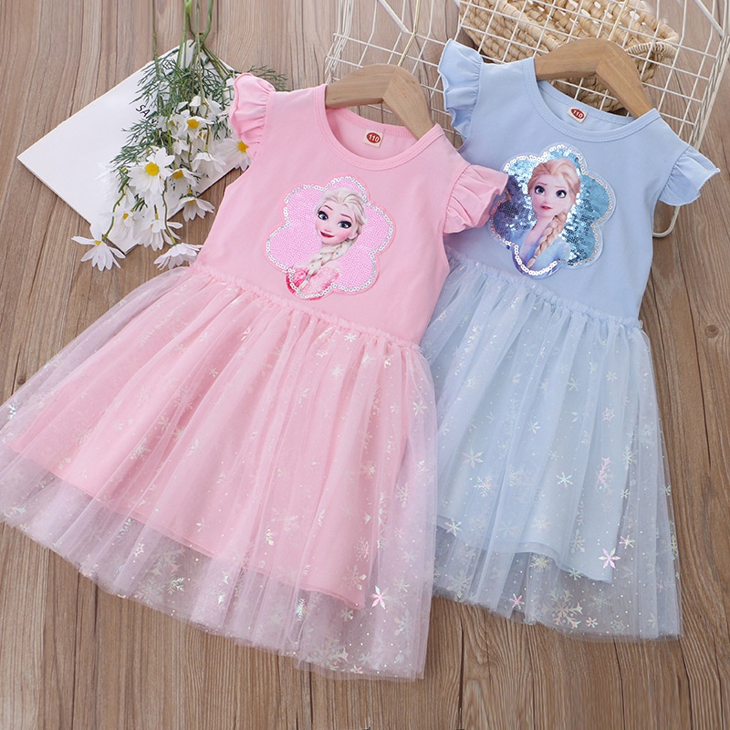 Váy cho bé gái,váy elsa,Đầm Công Chúa Không Tay Phối Lưới Đính Kim Sa Họa Tiết Hoạt Hình cho bé đi học