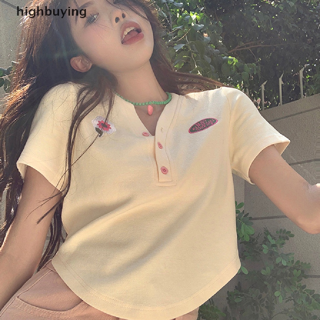 Áo Thun Lửng Ngắn Tay Cổ V Thêu Họa Tiết Thời Trang Cho Nữ