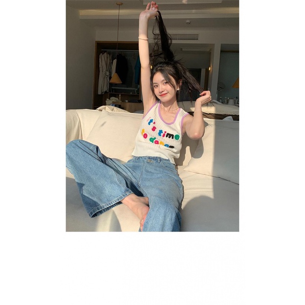 Áo Dệt Kim Sát Nách Dáng Ngắn In Họa Tiết Thời Trang Mùa Hè Phong Cách Hàn Quốc Cho Nữ