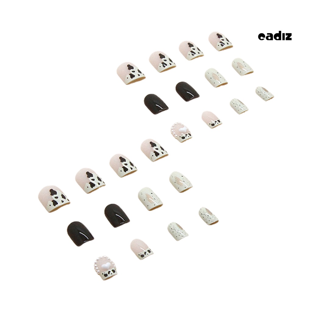 Bộ 24 Móng Tay Giả Đính Đá / Ngọc Trai / Kim Cương Giả / Họa Tiết Bò Sữa Tinh Tế Dễ Tháo Rời DIY