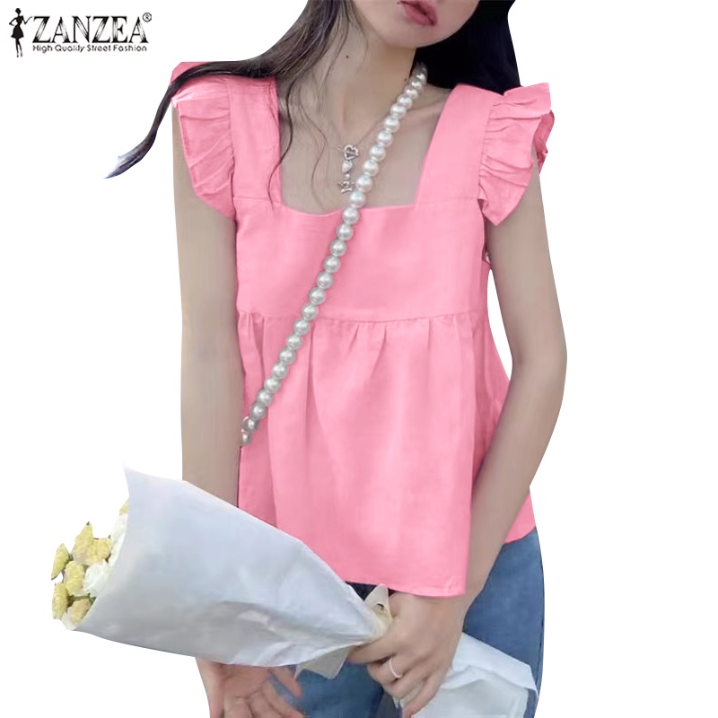 Áo kiểu ZANZEA cổ vuông nhún bèo phong cách Hàn Quốc thời trang cho nữ