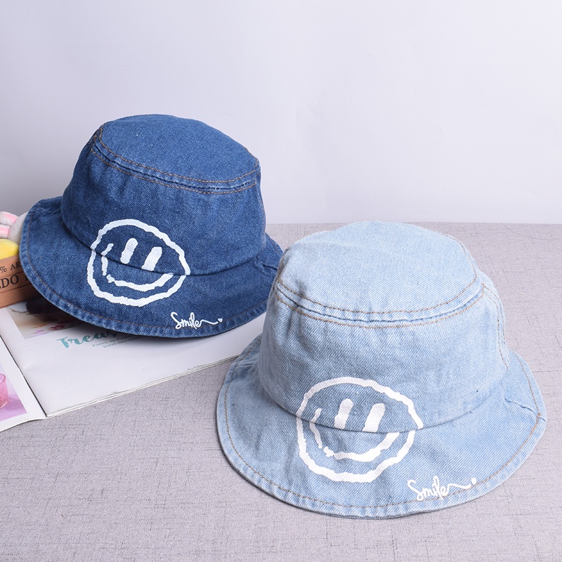 Mũ bucket denim chống nắng hình mặt cười năng động cho bé trai/ gái phong cách Hàn Quốc