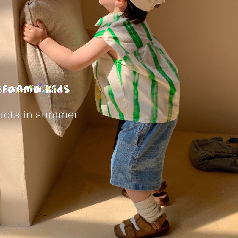 Áo Sơ Mi Cotton Họa Tiết Kẻ Sọc In Chữ Phong Cách Hàn Quốc Thời Trang Mùa Hè Mới Cho Bé Trai