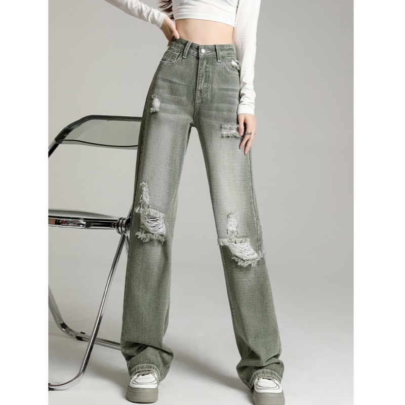 Quần Denim Lưng Cao Ống Rộng RENJIANVSHENG Thiết Kế Xẻ Rách Cá Tính