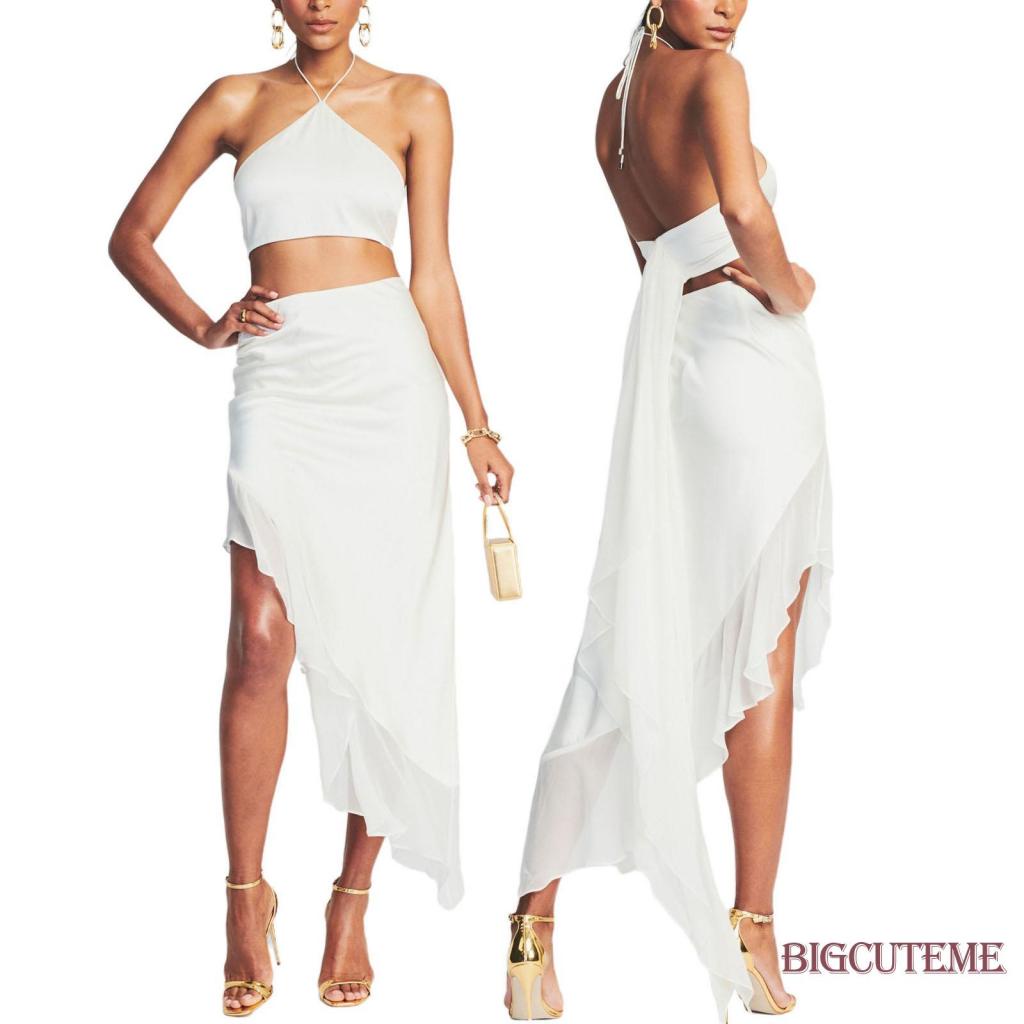 Set Áo 2 Dây Buộc Cổ Màu Trơn + Chân Váy Dài Phối Bèo Thời Trang Mùa Hè Cho Nữ