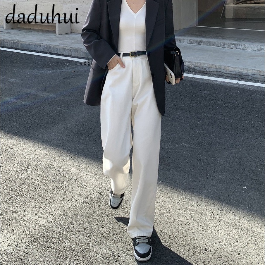 Daduhui New Korean Version of INS Retro Jeans Niche High Waist Loose Wide Leg Pants Large Size Casual Trousers