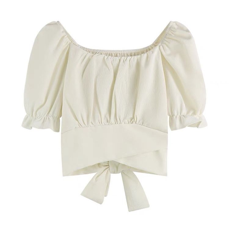 Áo Sơ Mi Ngắn Cổ Vuông Thắt Nơ Lưng Phong Cách Pháp Thời Trang Mùa Hè Cho Nữ