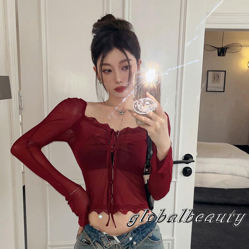 Áo Thun Crop Top Tay Dài Phối Ren Lưới Cổ Thấp Thời Trang Xuân Hè Cho Nữ
