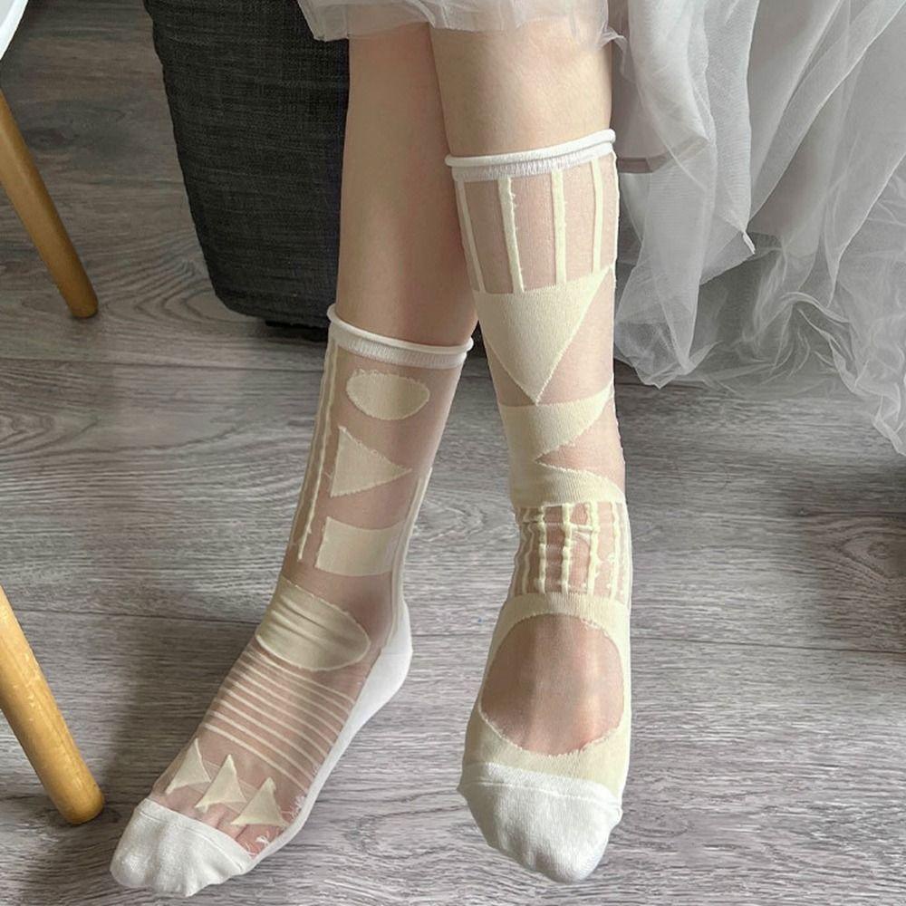 Vớ Lụa Thủy Tinh Phối Lưới Siêu Mỏng Họa Tiết Hoa Kiểu Retro Nhật Bản Dễ Thương Cho Nữ