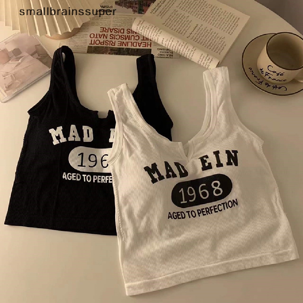 Áo Croptop Không Tay Cổ Chữ V Có Mút Đệm Ngực In Chữ Vintage Cho Nữ SBS