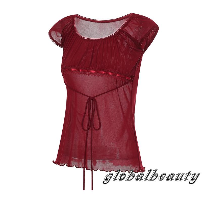 Áo Thun Trễ Vai Phối Ren Hoa Và Dây Rút Gợi Cảm Cho Nữ