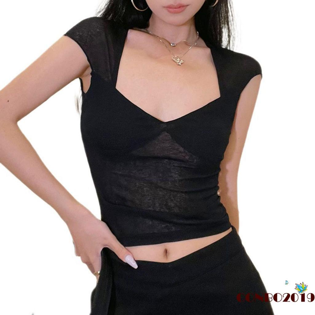 Áo Thun Crop Top Tay Ngắn Cổ Chữ V Màu Đen Trơn Thời Trang Xuân Hè Cho Nữ