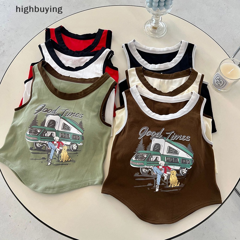 Áo Hai Dây Cổ Tròn In Họa Tiết Màu Sắc Tương Phản Phong Cách Retro Cho Nữ