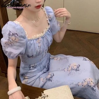 Sugemiusi Đầm Hoa Chanel Tay Phồng Cổ Vuông Eo Hẹp Cao Nghệ Thuật Mùa Hè Cho Nữ