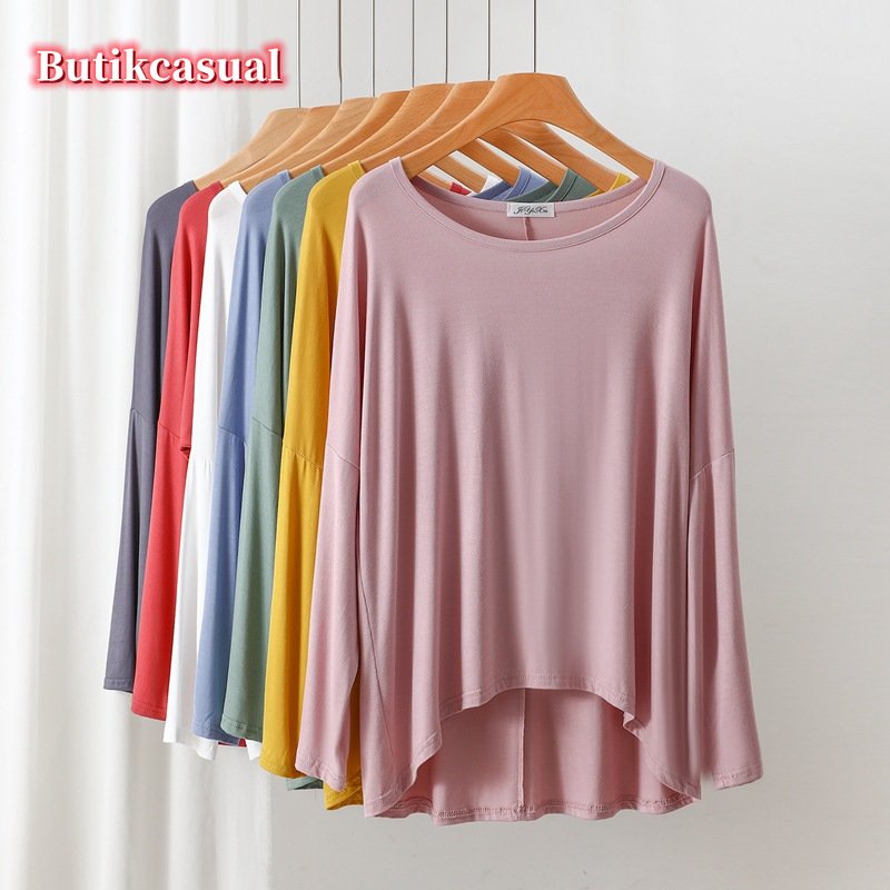 Áo Thun cotton Cổ Tròn Tay Dài Cánh Dơi Màu Trơn Thời Trang Mùa Hè 2023 Dành Cho Bạn Nữ
