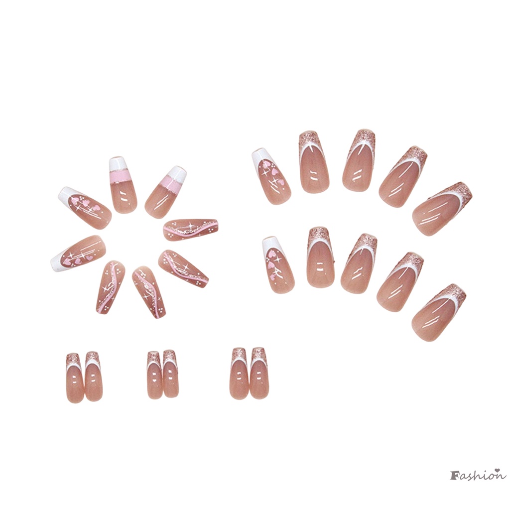 Móng Tay Giả Dài Màu Hồng Đính Kim Sa Viền Trắng Che Phủ Toàn Diện Có Thể Tái Sử Dụng