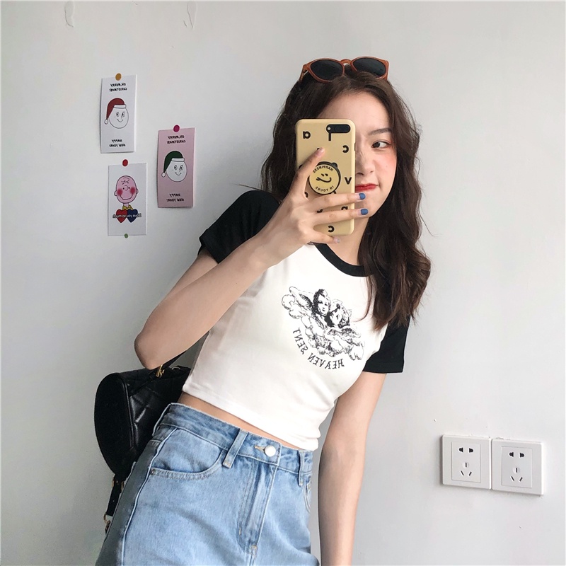 Áo thun ZWQFP cổ tròn ngắn tay in họa tiết phong cách gợi cảm thời trang mùa hè dành cho nữ