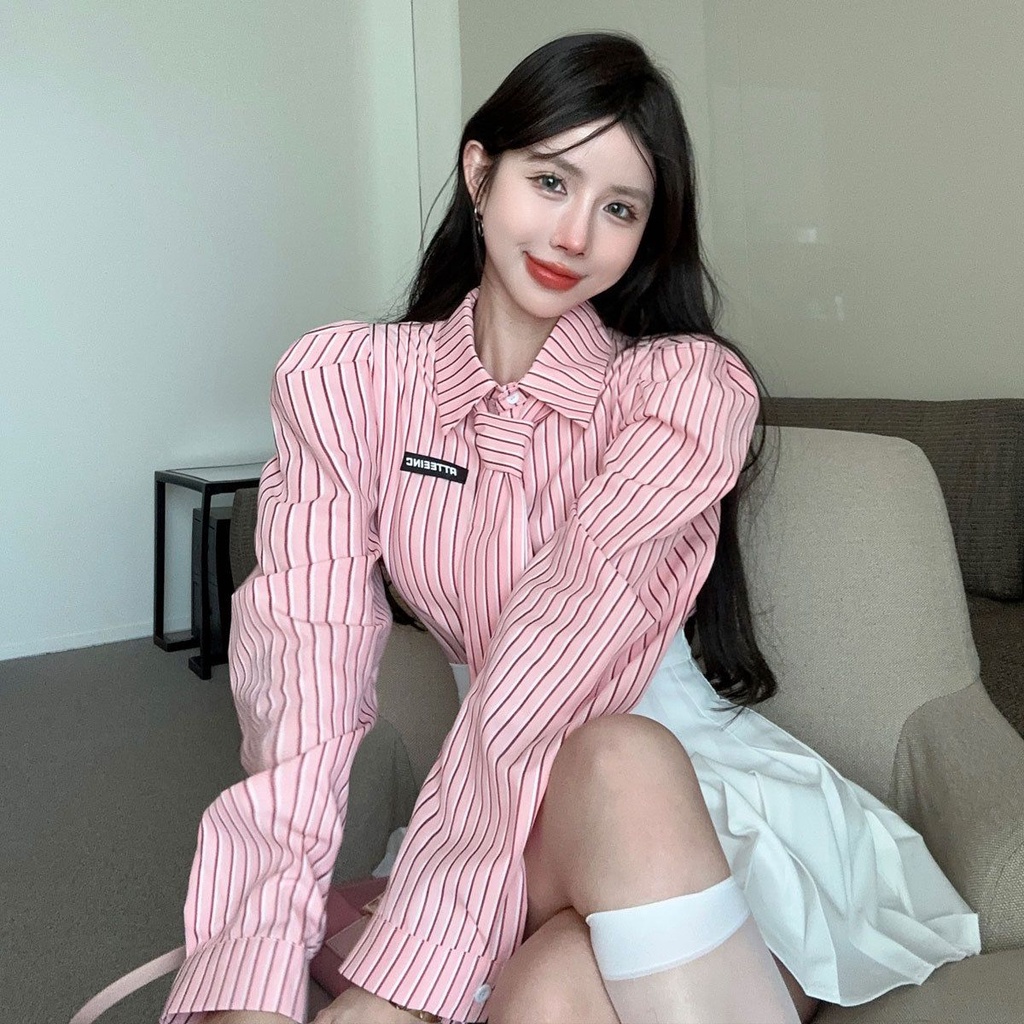 Áo Sơ Mi Tay Dài Dáng Ôm Họa Tiết Kẻ Sọc Phong Cách Hàn Quốc Thời Trang Cho Nữ