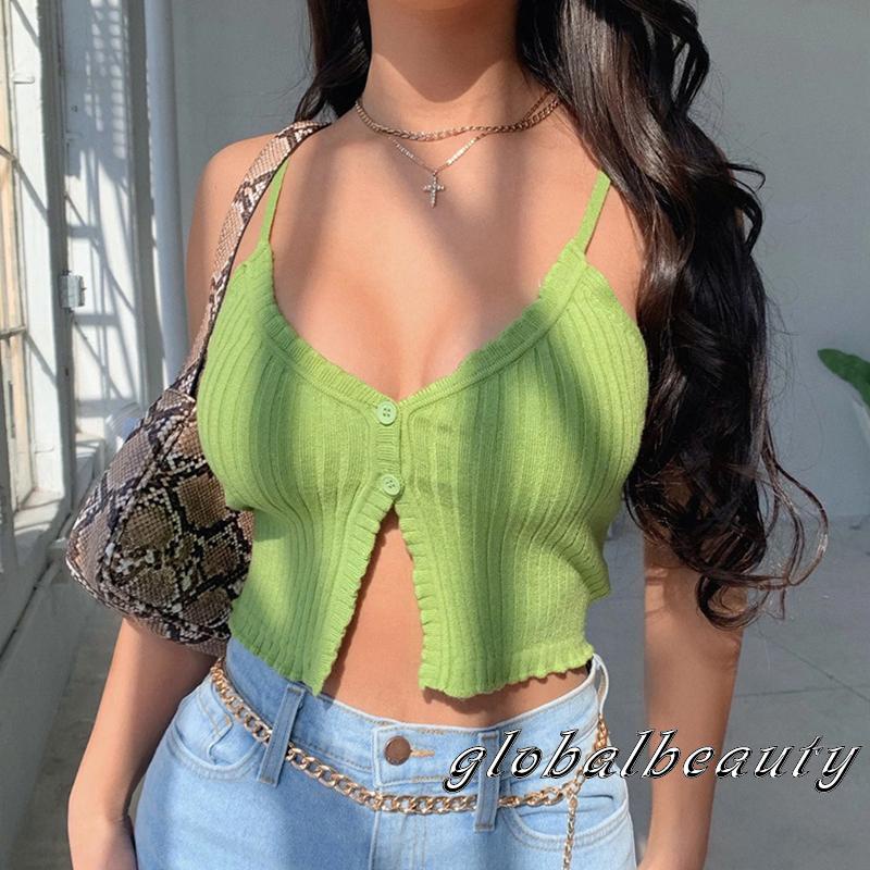 Áo Hai Dây Dệt Kim Mỏng Cổ Chữ V Cài Nút Thời Trang Mùa Hè Cho Nữ