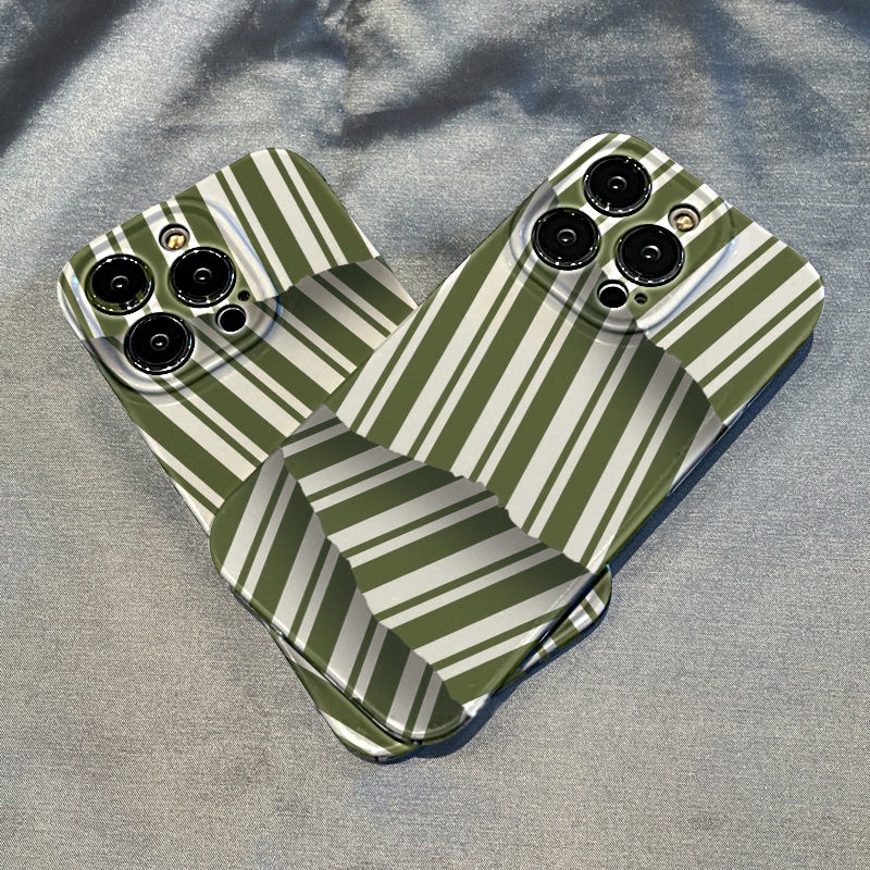Ốp Điện Thoại Họa Tiết Kẻ Sọc Màu Xanh Lá Phong Cách Hàn Quốc Sang Trọng Cho iPhone13 78ON 12 14Pro / XR Max