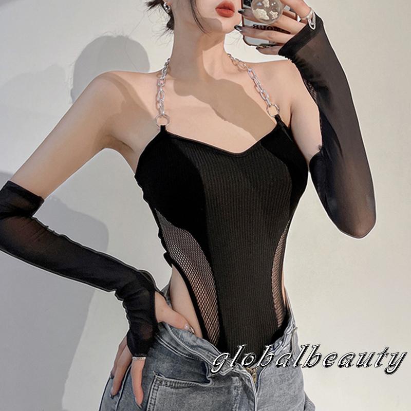 Bộ Áo Liền Quần Cổ Yếm Phối Lưới + Tay Áo Cánh Tay Màu Đen Thời Trang Cho Nữ