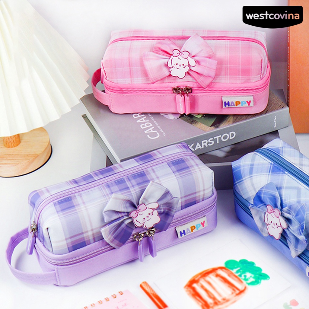 [COD]♪Túi Đựng Bút Bằng Vải Bạt Hai Lớp Sức Chứa Lớn Thắt Nơ