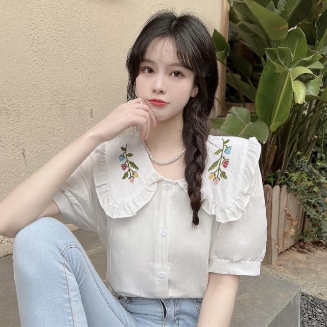 Áo Sơ Mi Ngắn Tay Cổ Chữ U Thêu Họa Tiết Thời Trang Mùa Hè Mới Cho Nữ