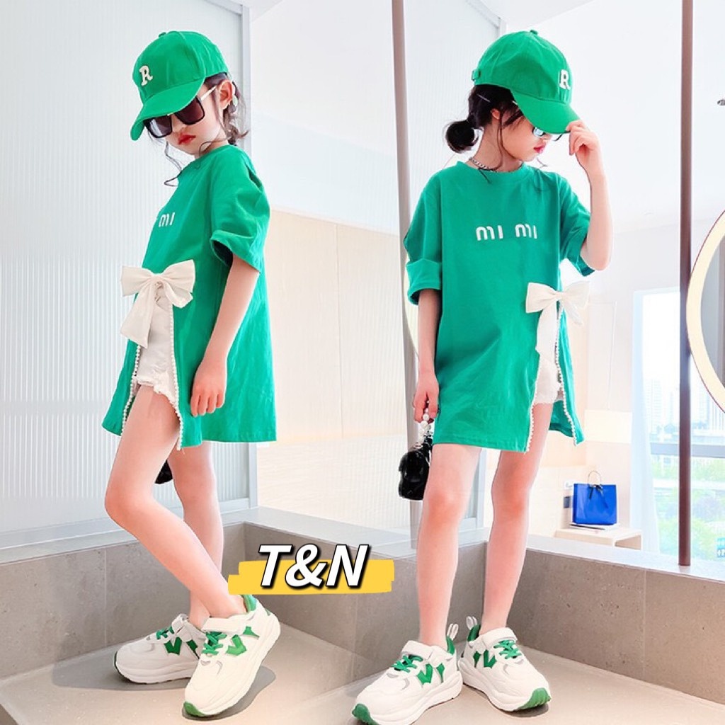 Áo Thun Cotton Mỏng Ngắn Tay Đính Nơ Thời Trang Mùa Hè Cho Bé Gái tặng mũ lưỡi trai