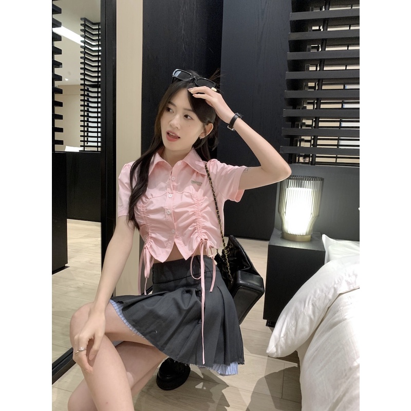 Áo Sơ Mi Tay Ngắn Phối Dây Rút Thiết Kế Đơn Giản Thời Trang Mùa Hè Năng