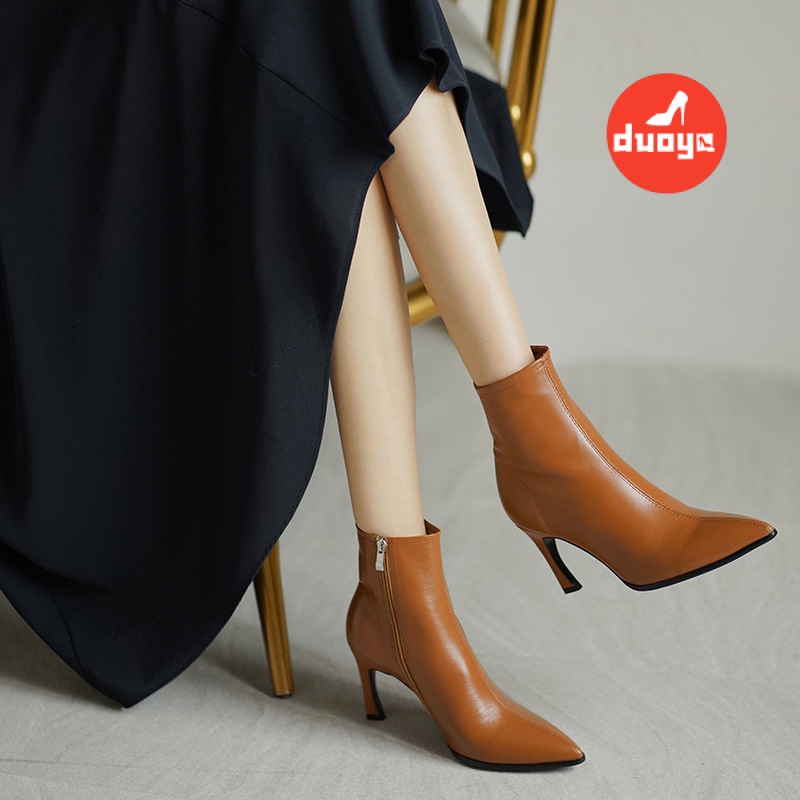 Duoya Tóc Thẳng ~ [Hàng Có Sẵn] Giày Bốt Cao Gót Mũi Nhọn Gót Nhọn Màu Nâu / Trắng Kaki Pháp Cho Nữ [ABC]