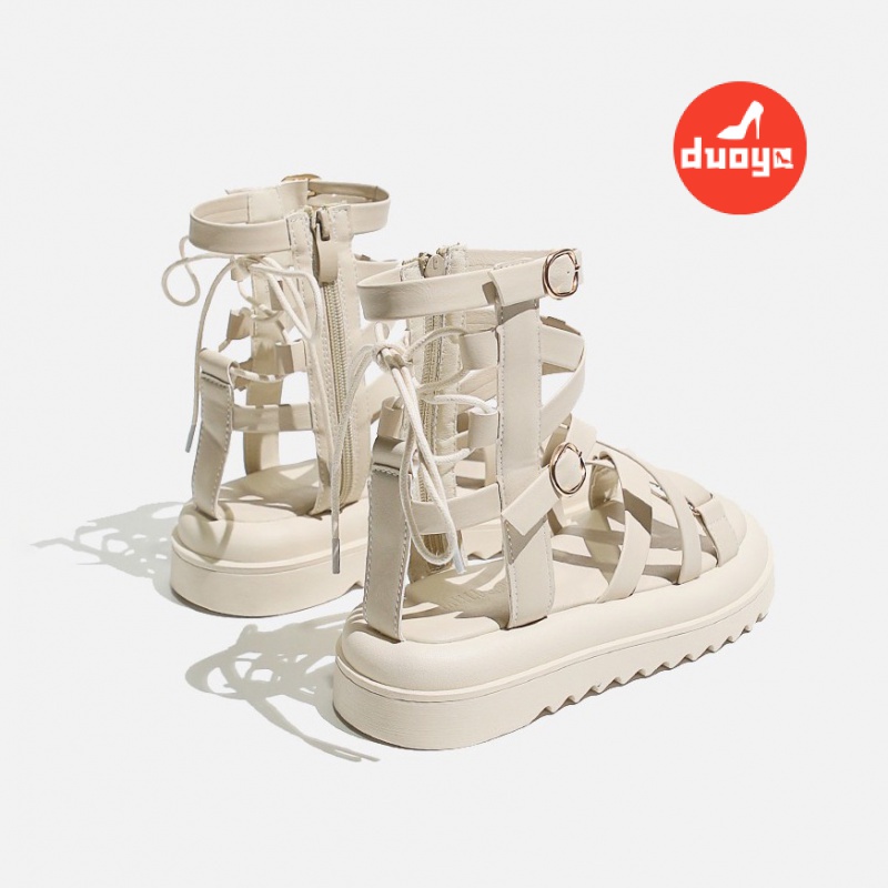 Duoya Tóc Thẳng ~ [Hàng Có Sẵn] Sandal Roman Hở Ngón Đế Dày Bằng Da Mềm Chống Trượt Có Khóa Kéo Bên Hông Dành Cho Nữ