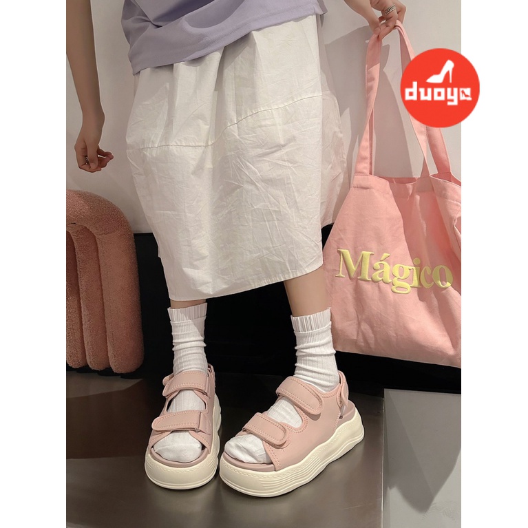 Duoya Tóc Thẳng ~ [Hàng Có Sẵn] Giày Sandal Bánh Mì Đế Dày Quai Dán Gợn Sóng Đơn Giản Tăng Chiều Cao Miễn Phí Vận Chuyển
