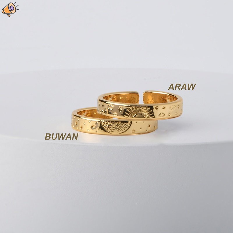 Nhẫn Cưới Mạ Vàng 18K In Hình Mặt Trời Và Mặt Trăng
