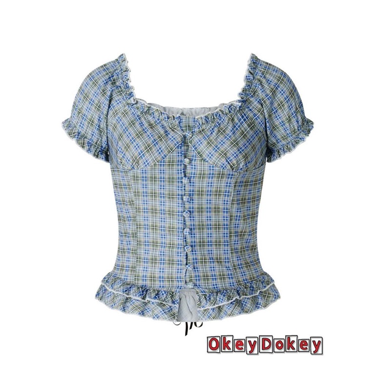 Áo Nịt Ngực Nhún Bèo Sọc Ca Rô Y2K Phong Cách Cổ Điển Thời Trang Cho Nữ