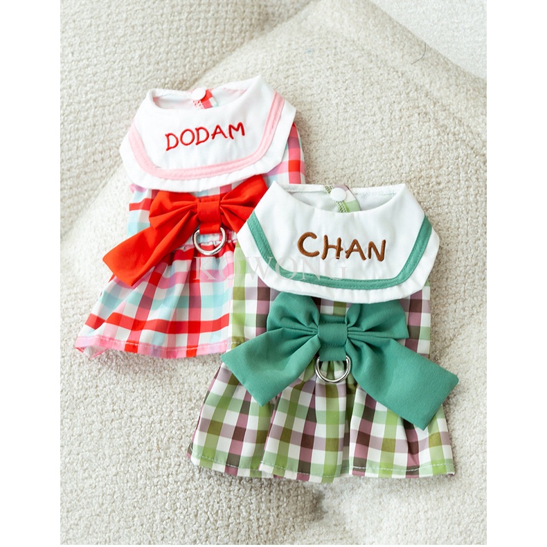 Đầm Công Chúa Họa Tiết Sọc Caro Đỏ / Xanh Lá Kèm Nhẫn Móc Ngón Tay Thời Trang Cho Cún Cưng