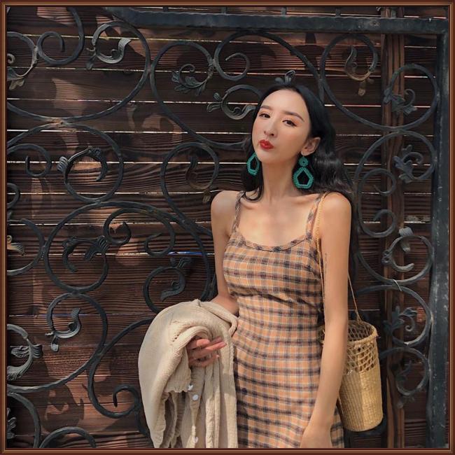 Đầm Hai Dây Dáng Chữ A Họa Tiết Sọc Caro Phong Cách Retro Thời Trang Mùa Hè Cho Nữ
