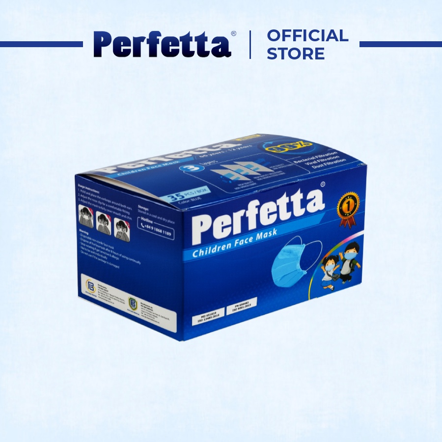 [THÙNG 700 cái] Khẩu trang 3 lớp Perfetta Trẻ Em Trắng/Xanh (35 Cái/Hộp)