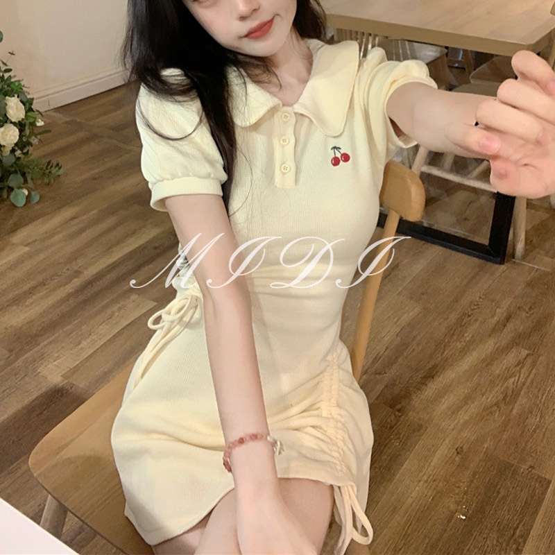 MI DI Đầm Ngắn Cổ Polo Phối Dây Rút Xếp Ly Thiết Kế Dễ Thương | BigBuy360 - bigbuy360.vn