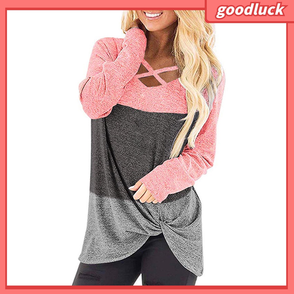 Áo Thun Dài Tay Cổ Chữ V Thắt Nút Chéo Vạt Chéo Màu Sắc Thời Trang Dành Cho Nữ