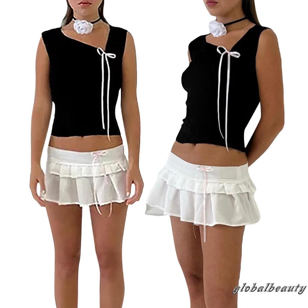 Bộ Áo Không Tay Cổ Đứng Không Tay Kèm Chân Váy Mini Lưng Thấp Thời Trang Mùa Hè Cho Nữ