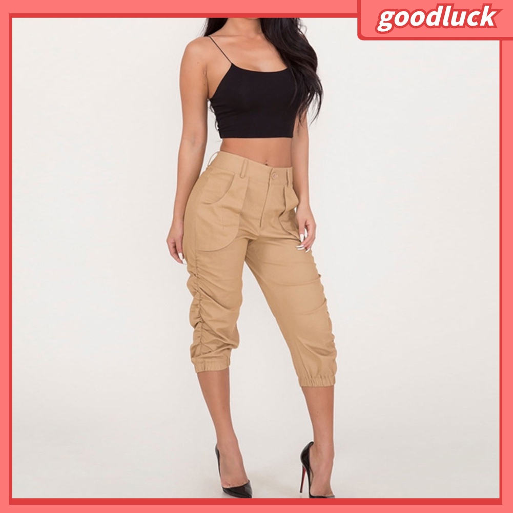 Quần Harem 3 / 4 Lưng Cao Màu Trơn Có Túi Thời Trang Mùa Hè Cho Nữ