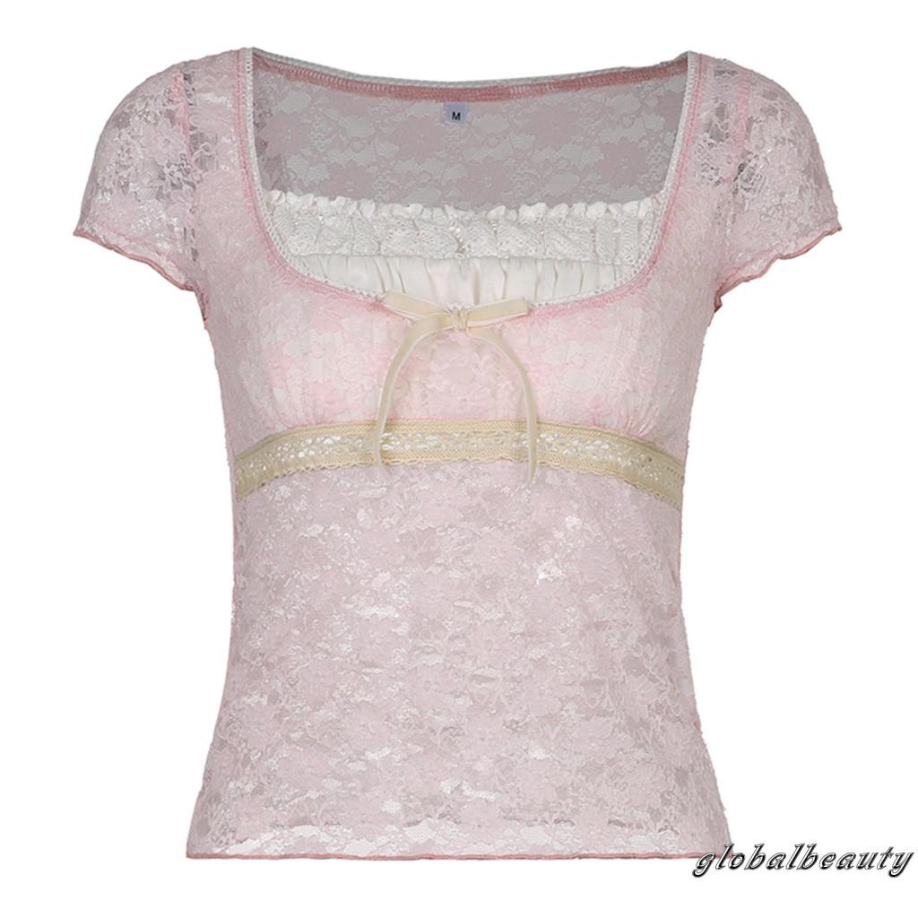 Áo Thun Ngắn Tay Phối Ren Trong Suốt Đính Nơ Thời Trang Mùa Hè Cho Nữ