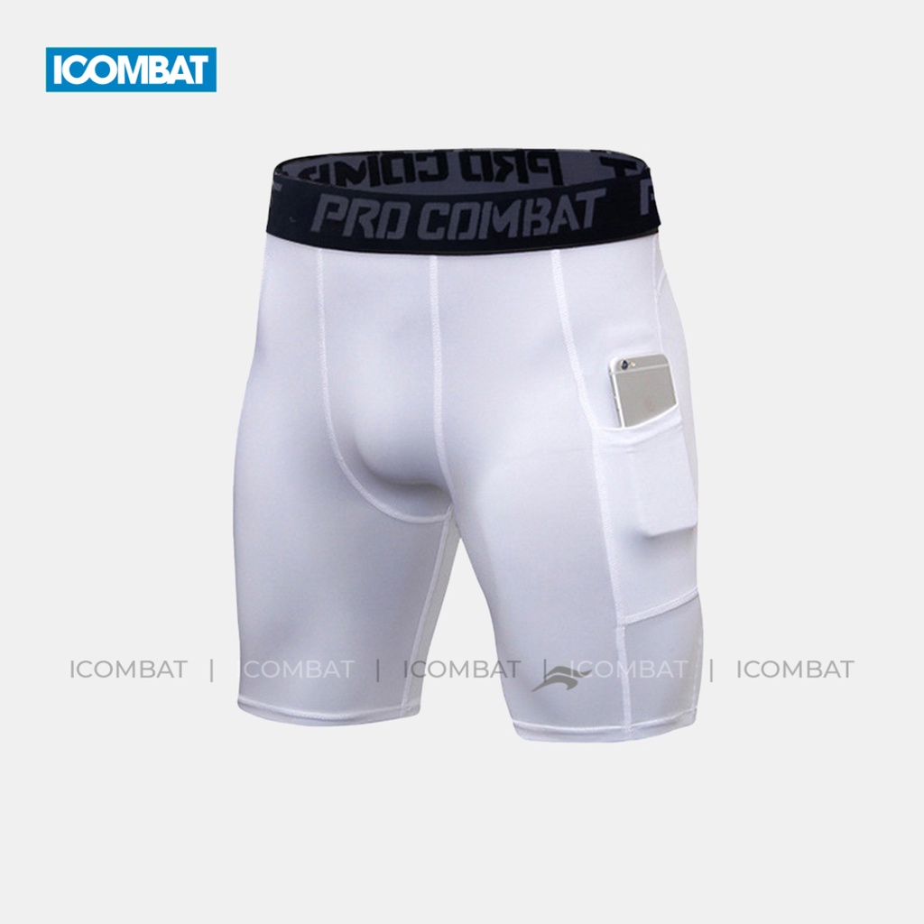 Quần legging thể thao nam ngắn có túi chạy bộ thoáng mát ICOMBAT RUNNING Vải Coolmax™ ½ màu đen màu trắng - QL50