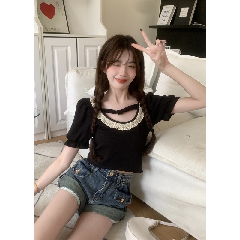 Áo Thun Tay Phồng Cổ Vuông Phối Ren Dáng Ôm Thời Trang Sang Trọng Cho Nữ